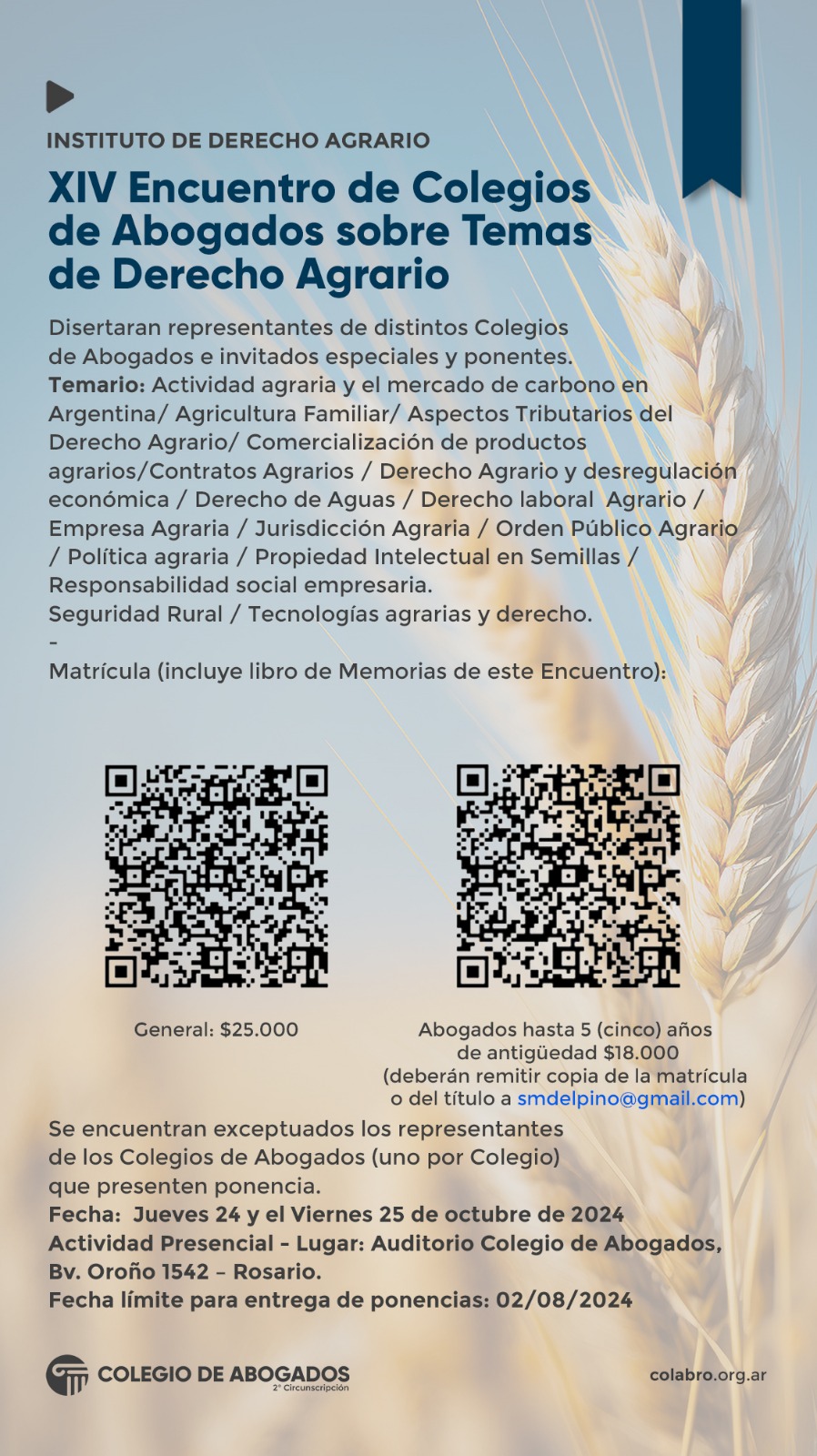 XIV Encuentro de Colegios de Abogados sobre Temas de Derecho Agrario - 24/10/2024 - 25/10/2024